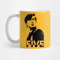 a yellow and black coffee mug with the words five on it, in front of a white background