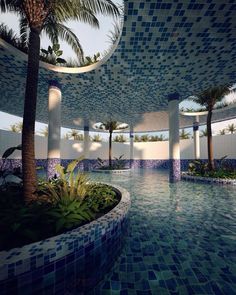 an artistic rendering of a swimming pool with palm trees in the center and blue tiles on the walls