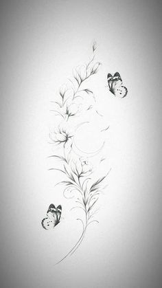 two butterflies are flying in the sky above some grass and flowers on a white background