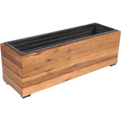 a wooden planter with black plastic liners