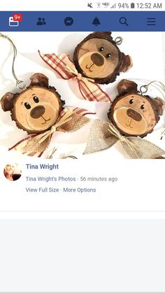 the facebook page has three wooden bears on it's face and two are hanging from strings