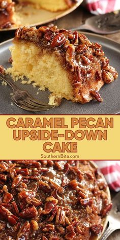 caramel pecan upside down cake on a plate