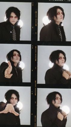 multiple pictures of a man with black hair and tie pointing at the camera while wearing a suit