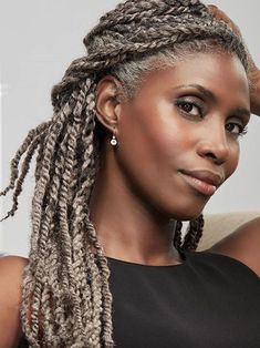 braids braided walda laurenceau Gray Braids Hairstyles, Gray Braids, Grey Box Braids, Grey Hair Braids, Black Hair Curls, Grey Hair Don't Care, Gorgeous Gray Hair, Grey Hair Inspiration