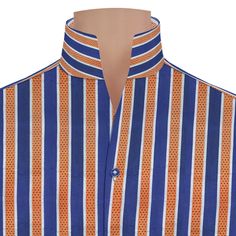 Men's High Open V Collar Vintage Wide Orange Blue Stripes 100% Cotton Long Sleeves Dress Shirt - Retro Star Parties MADE-TO-ORDER CLOTHES Shirt Style: Karl Lagerfeld Style/ High Chinese Mandarin Collar/ High Open V Collar Collar Style: 3" High Stiff Buttonless Collar Pockets: Without pocket (Chest pocket can be added on request) Fabric: 100% Giza cotton soft & comfortable fabric Sleeves: Full Sleeves/ Long Sleeves Fine stitched (20-21 stitches per inch) Cleanly finished buttonholes Flat Felled S Karl Lagerfeld Fashion, Casual Grooms, High Collar Shirts, Long Sleeve Cotton Dress, Star Wars Party, Savile Row, Shirt Maker, Mens Formal, Business Shirts