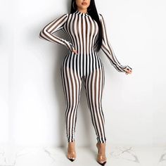 Material: Spandex Black Stretch Jumpsuit For Club, Black Stretch Jumpsuits And Rompers For Club, Chic Fitted Striped Bodysuit, Chic Striped Fitted Bodysuit, Trendy Striped Fitted Jumpsuits And Rompers, Trendy Fitted Striped Jumpsuits And Rompers, Casual Stretch Bodysuit For Party, Black Bodycon Bodysuit For Spring, Spring Black Bodycon Bodysuit