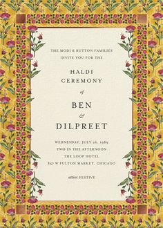 a wedding card with an ornate border and flowers in the middle, on top of a yellow background