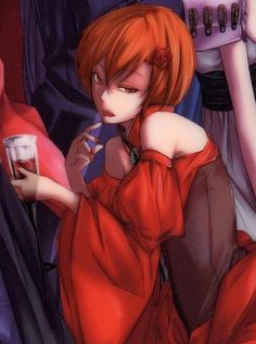 an anime character with red hair sitting on the ground next to two other characters and one is holding a drink