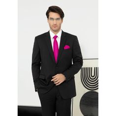 This Hot Pink Tie is ready to add a splash of color to your look. Since it's a solid color, it's easier to match than you might think. There are more than 30 colors available, choosing according to your occasion and outfit. For dressier occasions, add the matching pocket square (sold as a set) to your suit. Silk Blend Solid Tie + Polyester Tie closure Solid Tie 3.35 '' x 59 '' (8.5cm x 150cm); Woven Handkerchief : 12 '' x 12 '' (31cm x 31cm) Occasions for business/ party/ dating/ wedding etc. Gi Black Suit Pink Shirt, Hot Pink Tie, Homecoming Outfits For Guys, Homecoming Outfit, Business Party, Black Tux, Pink Ties, Pink Tie, Rosa Pink