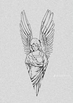 an angel with large wings and a halo on it's head is drawn in black ink