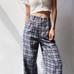 Brand Name: Tavimart Style: CasualWaist Type: HIGHDecoration: ButtonFabric Type: BroadclothPattern Type: PlaidPant Style: Wide Leg PantsMaterial: Cotton LinenFit Type: RegularLength: Full LengthClosure Type: Button FlyModel Number: JK2008282Front Style: Pleated Casual Plaid Bottoms With Button Closure, Trendy High Waist Plaid Bottoms, Plaid Trousers With Pockets, High Waist Plaid Cotton Bottoms, Casual High Waist Plaid Bottoms, Trendy Plaid Trousers, Plaid Cotton High-waisted Pants, Casual High Waist Gingham Pants, Casual High-waisted Plaid Pants