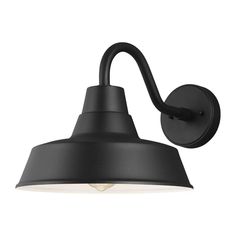 a black wall light with an arm and bulb on the side, against a white background