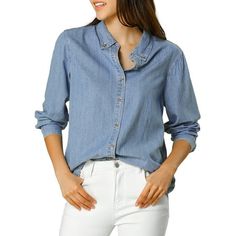 Throwing back to eras of bygones-past, this vintage-inspired denim shirt keep your looks forever on-trend at the weekend. Its classic features are updated to reflect more modern trends, with tears and the oversize fit lending it a contemporary charm. It has a casual, relaxed fit creating a pared-back silhouette you can dress up or down. Try it with tailored trousers and heels for smart settings or keep it casual with jeans and flats. Occasion: Casual, Daily, Weekend Gathering, Work, Shopping, et Cheap Chambray Long Sleeve Shirt, Cheap Chambray Shirt For Women, Cheap Light Wash Denim Shirt, Affordable Spring Denim Shirt, Casual Chambray Blouse, Cheap Relaxed Fit Chambray Shirt, Affordable Fitted Denim Shirt, Cheap Everyday Denim Blue Shirt, Light Denim Shirt