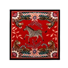 a red rug with zebras, flowers and leaves on it's border is shown