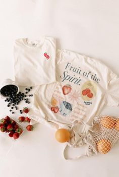 Fruit of the Spirit – Chaudoin Creations Summer Organic Cotton T-shirt, Organic Cotton Summer T-shirt, Summer Brunch T-shirt With Screen Print, Summer Organic Cotton Tops, Organic Cotton Summer Tops, Organic White T-shirt For Summer, Organic Cotton T-shirt For Summer, Organic White Graphic Print Tops, Organic Crew Neck Top For Summer