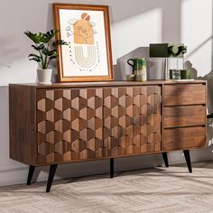 a wooden sideboard with an art piece on top and potted plants next to it