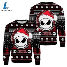 a sweater with skulls and santa hats on it