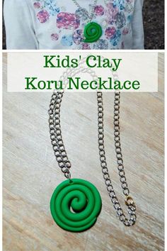 a woman wearing a green necklace with the words kids'clay koru necklace on it