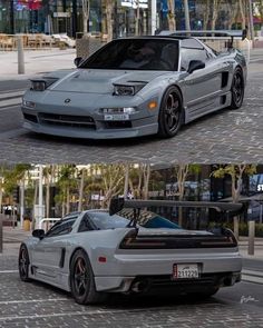 two pictures of a silver sports car parked on the street