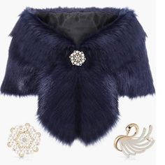 a blue fur coat with jewels on the collar and two other accessories including a swan brooch