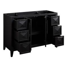 a black cabinet with three drawers and two doors