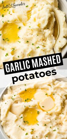 garlic mashed potatoes in a white bowl with a spoon on the side and text overlay that reads garlic mashed potatoes