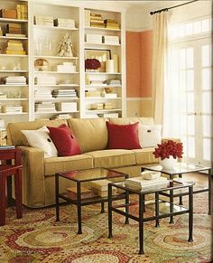 a living room filled with furniture and lots of bookshelves on top of it