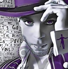 a drawing of a man in a purple hat with words on the wall behind him