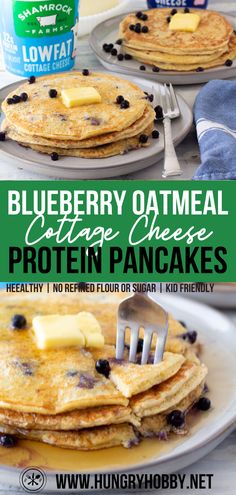 blueberry oatmeal cottage cheese protein pancakes on a plate with a fork