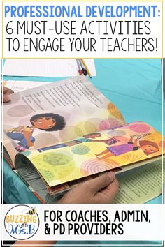 an open book with the title professional development 6 must - use activities to engage your teachers