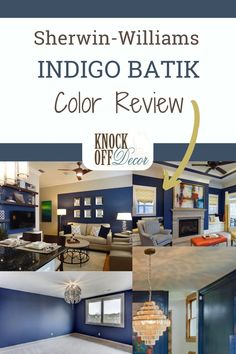 the inside of a blue and white living room with text overlay that reads sherylin - williams indigo batik color review