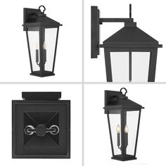 four different views of an outdoor light fixture with two lights on each side and one in the