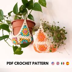 two potted plants are sitting next to each other on a white surface with the words, free crochet pattern