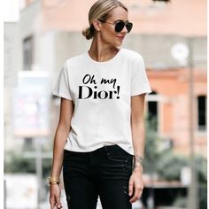 White Shirt With Black Lettering, Relaxed Fit. Sleeves Are Standard And Can Be Rolled Up, Cute For Layering And Leggings. 100% Cotton Unisex T-Shirt Relaxed Fit Tshirt Trends, Chanel Tee, Chanel T Shirt, Maker Ideas, Dior Shirt, Cute Shirt Designs, Fashion Diva, Stitch Shirt, Tshirt Ideas