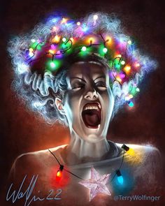 a painting of a woman with christmas lights on her head and an ugly expression for the camera