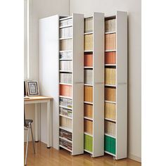 a room divider with several bookshelves on each side and a desk in the middle