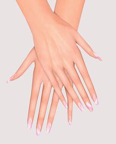 two hands with pink and white nail polish on them