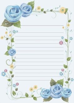 a paper with blue roses and green leaves on the border, in front of a white background