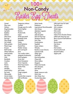 an easter egg hunt for the non - candy easter egg treat list is shown in pink, yellow and green