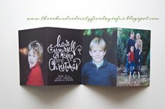 an open christmas card with three photos on it