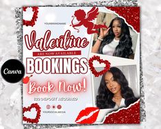 valentine's day flyer with two photos of women in red and silver glitters