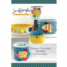 the happy scrappy basket sewing pattern is shown in three different colors and sizes, including blue