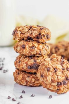 chocolate chip oatmeal cookies stacked on top of each other