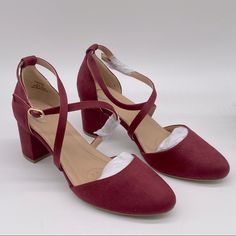 Journee Collection Women's Foster Pumps In Wine Size 7.5 New Step Into A Classic Style With This Comfort Sole Design By Journee Collection. This Heel Features Micro Suede Material, Crisscross Buckle Strap, An Almond Toe, And A Heel Height That Will Fit You Perfectly. Heel Height- 2.1/2" These Pumps Are Made With Faux Suede- Polyester/Polyurethane A Round Toe Is Highlighted On This Shoe Foot Entry- Buckle Faux Suede With Gold Hardware Please Refer To Pictures For Details. Bundle And Save!!! Offer Burgundy Round Toe Heels For Spring, Burgundy Closed Toe Heels For Spring, Burgundy Block Heel Heels For Spring, Spring Burgundy Heels Of Medium Width, Burgundy Block Heels For Spring, Spring Burgundy Block Heel Heels, Blue Glitter Heels, Navy Pumps, New Step