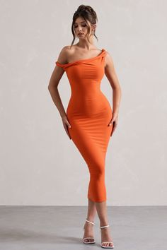 Salome Orange Twisted Asymmetric Midi Dress – Club L London - USA Baddies Outfits, Tangerine Dress, Midi Bridesmaid Dress, Club L London, Outfit Wedding Guest, Sleek Updo, Style Lookbook, Elegant Outfits, Fashion Designing