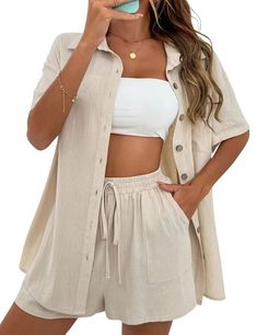 Linen Shorts Women, Tracksuit Outfit, Linen Shirts Women, Outfit Chic, Set Outfits, Sweatsuit Set, Solid Color Shirt, Elastic Waist Shorts, Mini Shorts