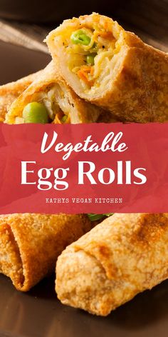 vegetable egg rolls on a plate with text overlay