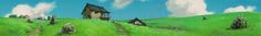 a painting of an old house in the middle of a green field with clouds above it