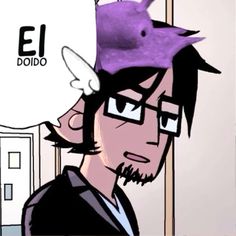 an animated man with glasses and a purple hat