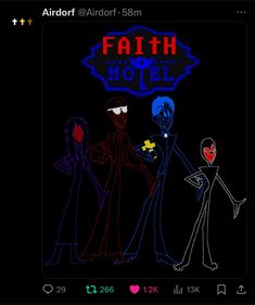 an image of a neon sign that says faith hotel with two people standing next to each other